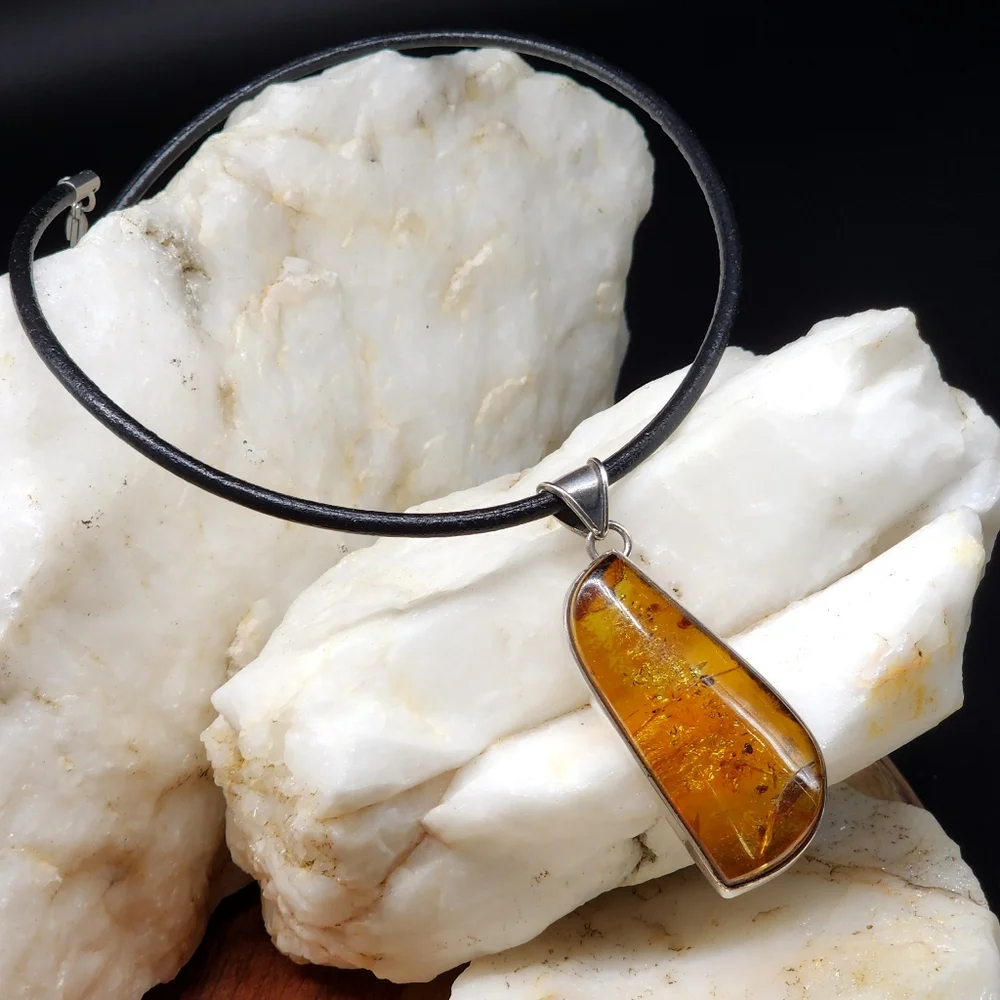 Amber Jewelry Sterling Silver 925 Natural AMBER Pendant Leather Necklace